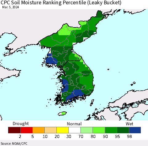 Korea CPC Soil Moisture Ranking Percentile (Leaky Bucket) Thematic Map For 3/1/2024 - 3/5/2024