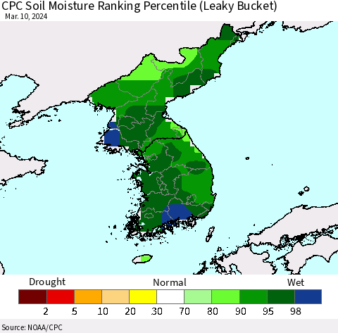 Korea CPC Soil Moisture Ranking Percentile (Leaky Bucket) Thematic Map For 3/6/2024 - 3/10/2024