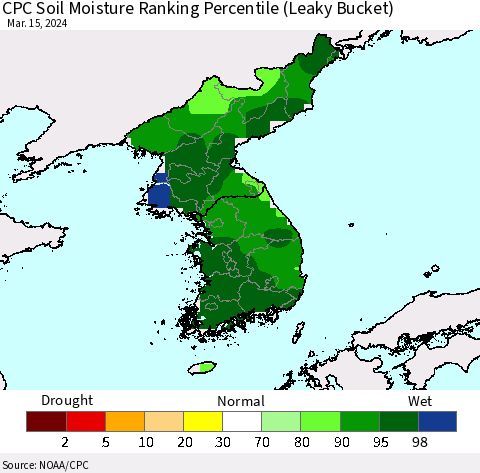 Korea CPC Soil Moisture Ranking Percentile (Leaky Bucket) Thematic Map For 3/11/2024 - 3/15/2024