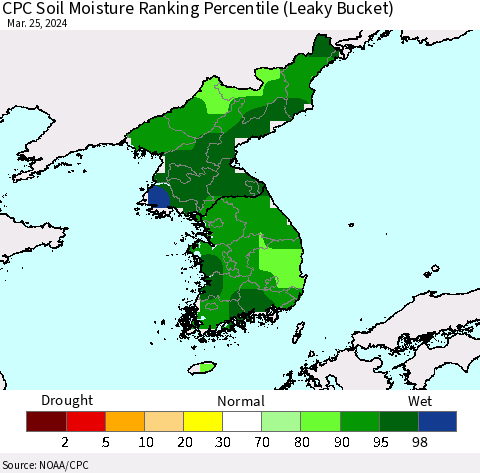 Korea CPC Soil Moisture Ranking Percentile (Leaky Bucket) Thematic Map For 3/21/2024 - 3/25/2024