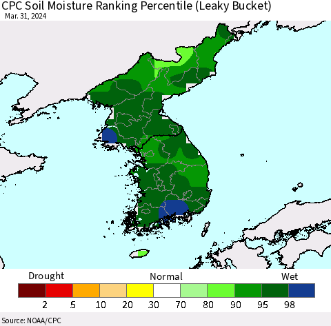 Korea CPC Soil Moisture Ranking Percentile (Leaky Bucket) Thematic Map For 3/26/2024 - 3/31/2024