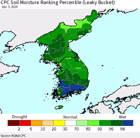 Korea CPC Soil Moisture Ranking Percentile (Leaky Bucket) Thematic Map For 4/1/2024 - 4/5/2024
