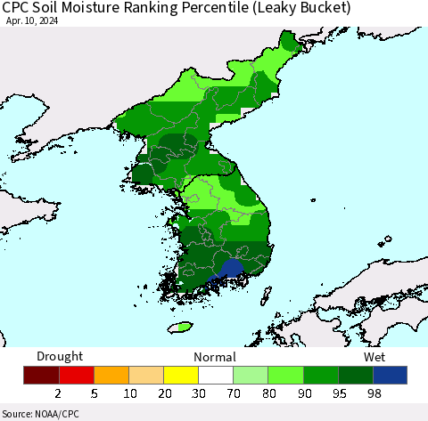 Korea CPC Soil Moisture Ranking Percentile (Leaky Bucket) Thematic Map For 4/6/2024 - 4/10/2024