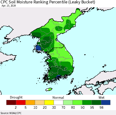 Korea CPC Soil Moisture Ranking Percentile (Leaky Bucket) Thematic Map For 4/11/2024 - 4/15/2024