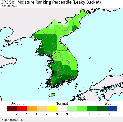 Korea CPC Soil Moisture Ranking Percentile (Leaky Bucket) Thematic Map For 4/16/2024 - 4/20/2024