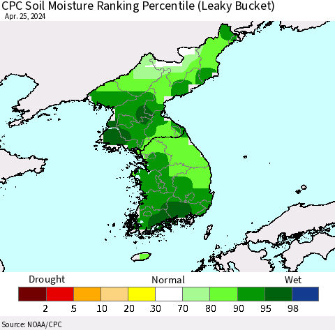 Korea CPC Soil Moisture Ranking Percentile (Leaky Bucket) Thematic Map For 4/21/2024 - 4/25/2024
