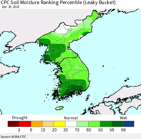 Korea CPC Soil Moisture Ranking Percentile (Leaky Bucket) Thematic Map For 4/26/2024 - 4/30/2024