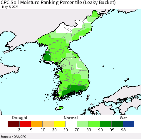 Korea CPC Soil Moisture Ranking Percentile (Leaky Bucket) Thematic Map For 5/1/2024 - 5/5/2024