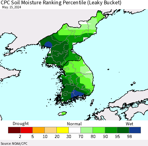 Korea CPC Soil Moisture Ranking Percentile (Leaky Bucket) Thematic Map For 5/11/2024 - 5/15/2024