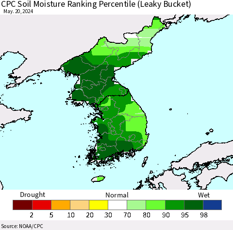 Korea CPC Soil Moisture Ranking Percentile (Leaky Bucket) Thematic Map For 5/16/2024 - 5/20/2024
