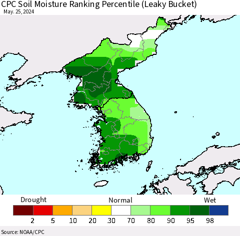 Korea CPC Soil Moisture Ranking Percentile (Leaky Bucket) Thematic Map For 5/21/2024 - 5/25/2024