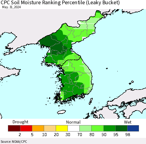 Korea CPC Soil Moisture Ranking Percentile (Leaky Bucket) Thematic Map For 5/26/2024 - 5/31/2024