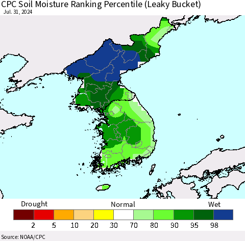 Korea CPC Soil Moisture Ranking Percentile (Leaky Bucket) Thematic Map For 7/26/2024 - 7/31/2024