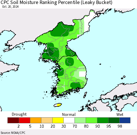 Korea CPC Soil Moisture Ranking Percentile (Leaky Bucket) Thematic Map For 10/16/2024 - 10/20/2024