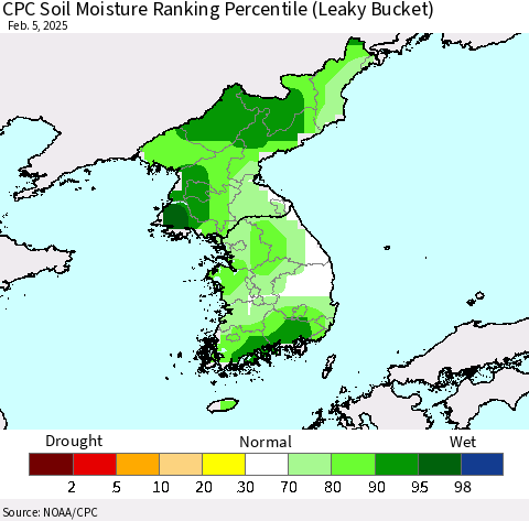 Korea CPC Soil Moisture Ranking Percentile (Leaky Bucket) Thematic Map For 2/1/2025 - 2/5/2025