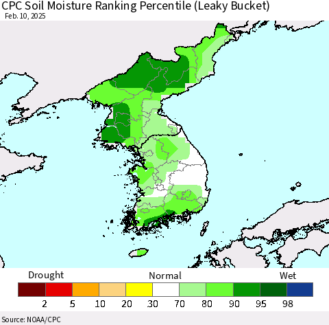 Korea CPC Soil Moisture Ranking Percentile (Leaky Bucket) Thematic Map For 2/6/2025 - 2/10/2025
