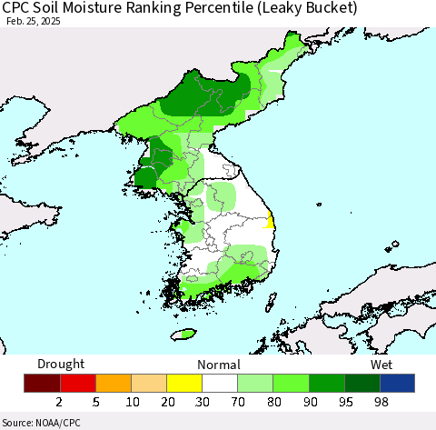Korea CPC Soil Moisture Ranking Percentile (Leaky Bucket) Thematic Map For 2/21/2025 - 2/25/2025