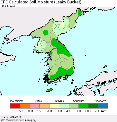 Korea CPC Calculated Soil Moisture (Leaky Bucket) Thematic Map For 9/1/2019 - 9/5/2019