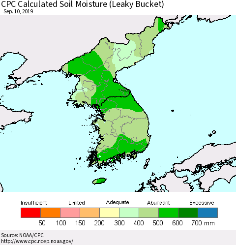 Korea CPC Calculated Soil Moisture (Leaky Bucket) Thematic Map For 9/6/2019 - 9/10/2019