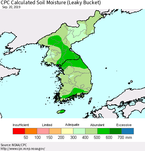 Korea CPC Calculated Soil Moisture (Leaky Bucket) Thematic Map For 9/16/2019 - 9/20/2019