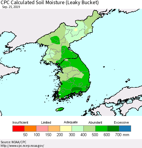 Korea CPC Calculated Soil Moisture (Leaky Bucket) Thematic Map For 9/21/2019 - 9/25/2019