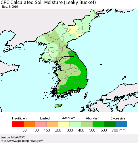 Korea CPC Calculated Soil Moisture (Leaky Bucket) Thematic Map For 11/1/2019 - 11/5/2019