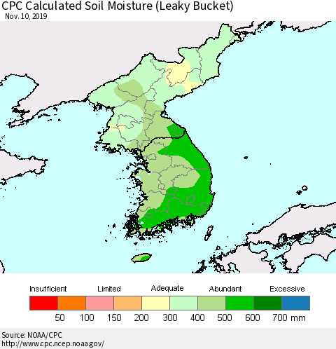 Korea CPC Calculated Soil Moisture (Leaky Bucket) Thematic Map For 11/6/2019 - 11/10/2019