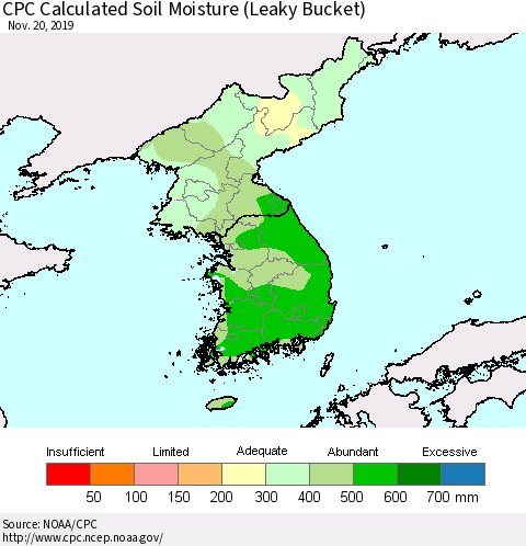 Korea CPC Calculated Soil Moisture (Leaky Bucket) Thematic Map For 11/16/2019 - 11/20/2019
