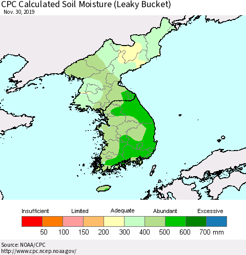 Korea CPC Calculated Soil Moisture (Leaky Bucket) Thematic Map For 11/26/2019 - 11/30/2019