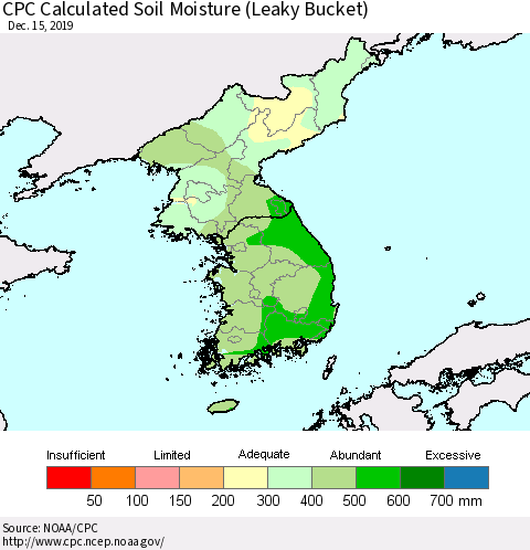 Korea CPC Calculated Soil Moisture (Leaky Bucket) Thematic Map For 12/11/2019 - 12/15/2019