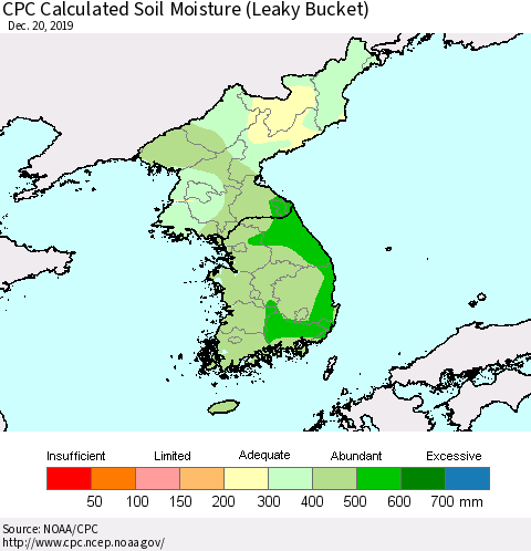 Korea CPC Calculated Soil Moisture (Leaky Bucket) Thematic Map For 12/16/2019 - 12/20/2019