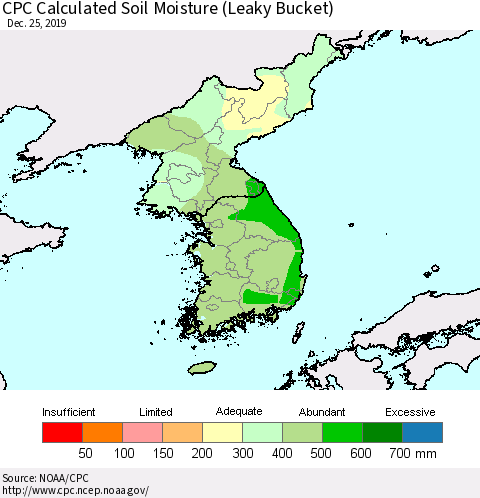 Korea CPC Calculated Soil Moisture (Leaky Bucket) Thematic Map For 12/21/2019 - 12/25/2019