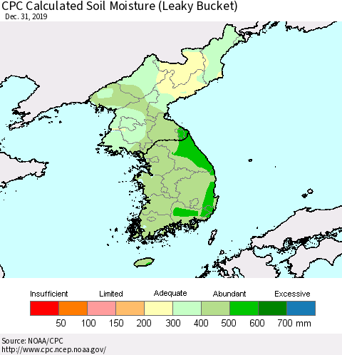 Korea CPC Calculated Soil Moisture (Leaky Bucket) Thematic Map For 12/26/2019 - 12/31/2019