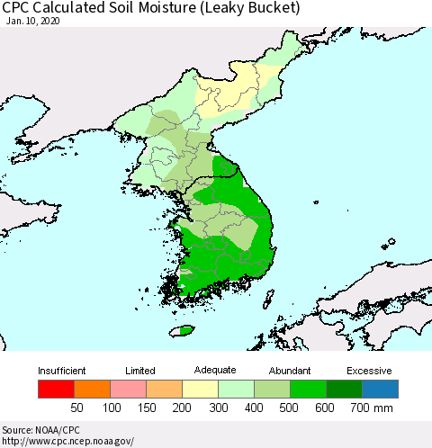 Korea CPC Calculated Soil Moisture (Leaky Bucket) Thematic Map For 1/6/2020 - 1/10/2020