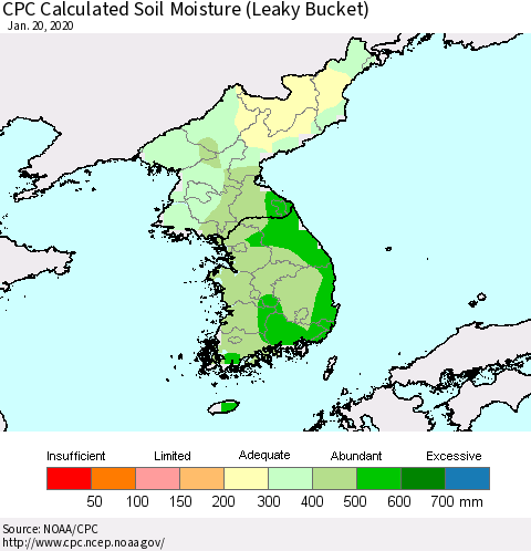 Korea CPC Calculated Soil Moisture (Leaky Bucket) Thematic Map For 1/16/2020 - 1/20/2020