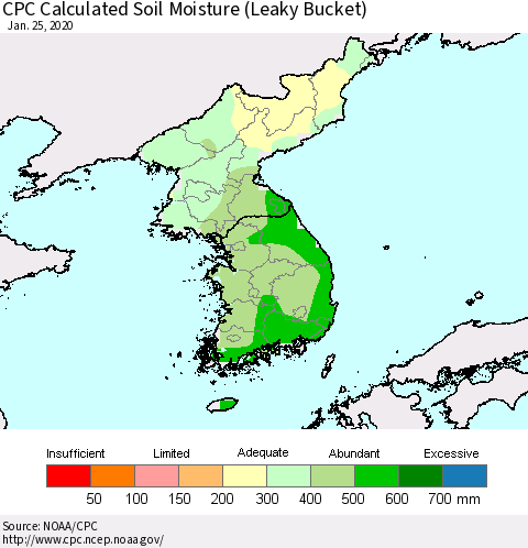 Korea CPC Calculated Soil Moisture (Leaky Bucket) Thematic Map For 1/21/2020 - 1/25/2020