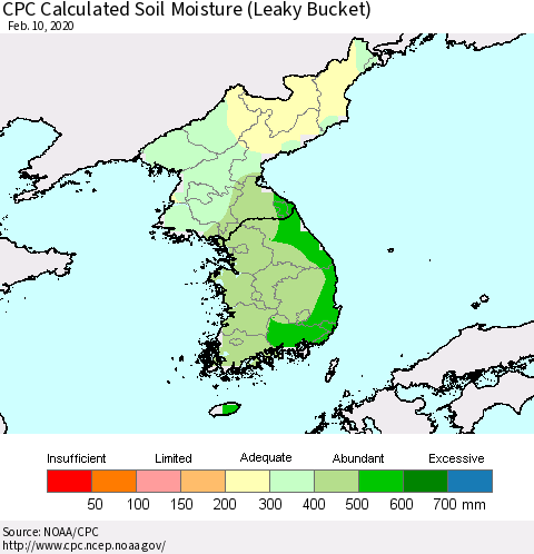 Korea CPC Calculated Soil Moisture (Leaky Bucket) Thematic Map For 2/6/2020 - 2/10/2020