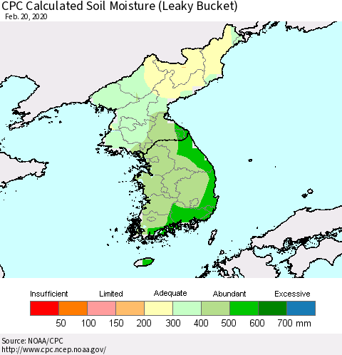 Korea CPC Calculated Soil Moisture (Leaky Bucket) Thematic Map For 2/16/2020 - 2/20/2020