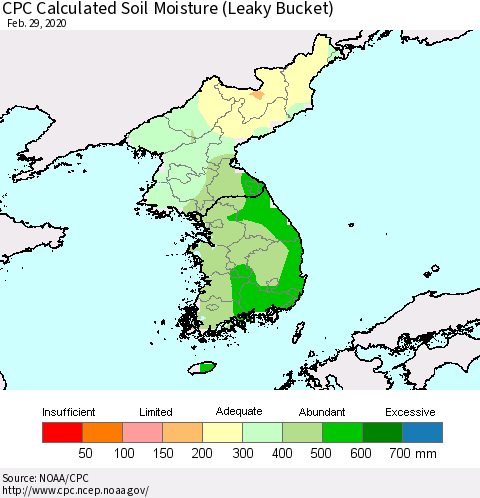 Korea CPC Calculated Soil Moisture (Leaky Bucket) Thematic Map For 2/26/2020 - 2/29/2020
