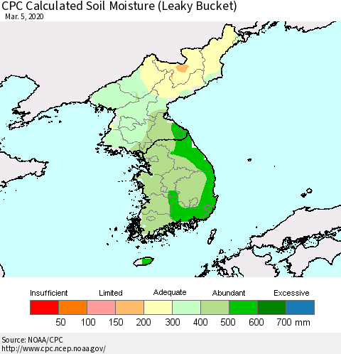 Korea CPC Calculated Soil Moisture (Leaky Bucket) Thematic Map For 3/1/2020 - 3/5/2020