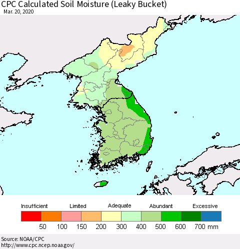 Korea CPC Calculated Soil Moisture (Leaky Bucket) Thematic Map For 3/16/2020 - 3/20/2020