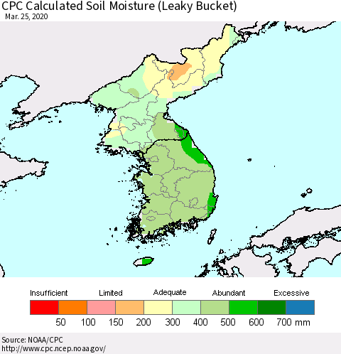 Korea CPC Calculated Soil Moisture (Leaky Bucket) Thematic Map For 3/21/2020 - 3/25/2020