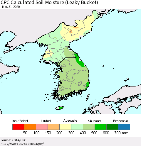 Korea CPC Calculated Soil Moisture (Leaky Bucket) Thematic Map For 3/26/2020 - 3/31/2020