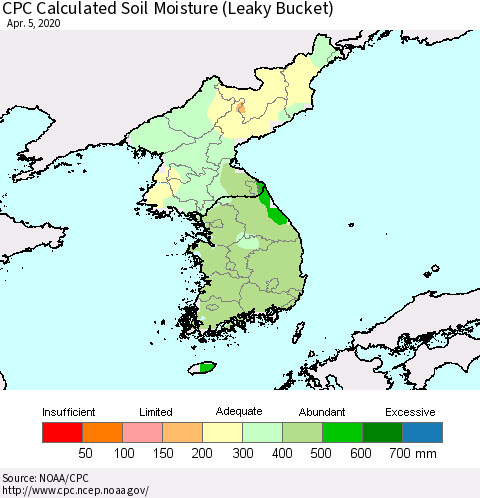 Korea CPC Calculated Soil Moisture (Leaky Bucket) Thematic Map For 4/1/2020 - 4/5/2020