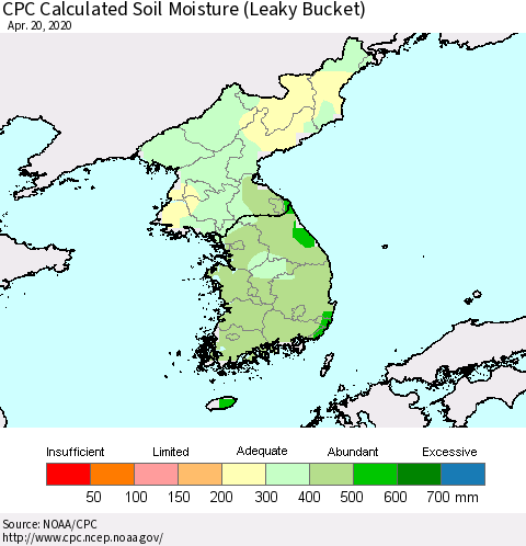 Korea CPC Calculated Soil Moisture (Leaky Bucket) Thematic Map For 4/16/2020 - 4/20/2020