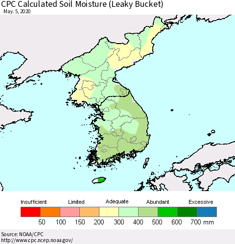 Korea CPC Calculated Soil Moisture (Leaky Bucket) Thematic Map For 5/1/2020 - 5/5/2020