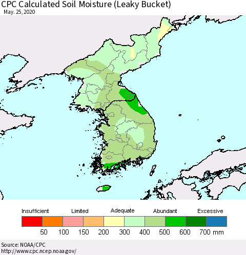 Korea CPC Calculated Soil Moisture (Leaky Bucket) Thematic Map For 5/21/2020 - 5/25/2020