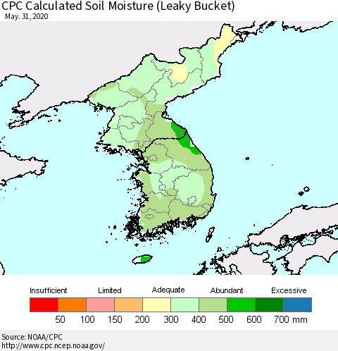 Korea CPC Calculated Soil Moisture (Leaky Bucket) Thematic Map For 5/26/2020 - 5/31/2020
