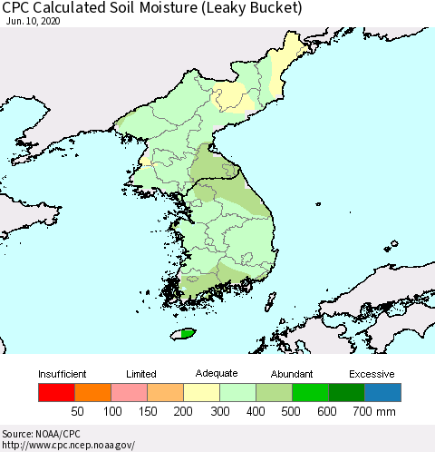 Korea CPC Calculated Soil Moisture (Leaky Bucket) Thematic Map For 6/6/2020 - 6/10/2020