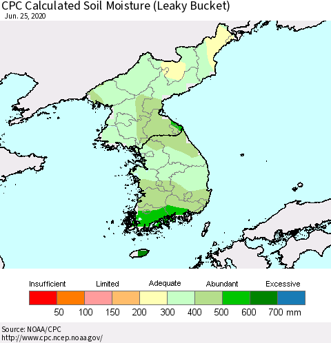 Korea CPC Calculated Soil Moisture (Leaky Bucket) Thematic Map For 6/21/2020 - 6/25/2020